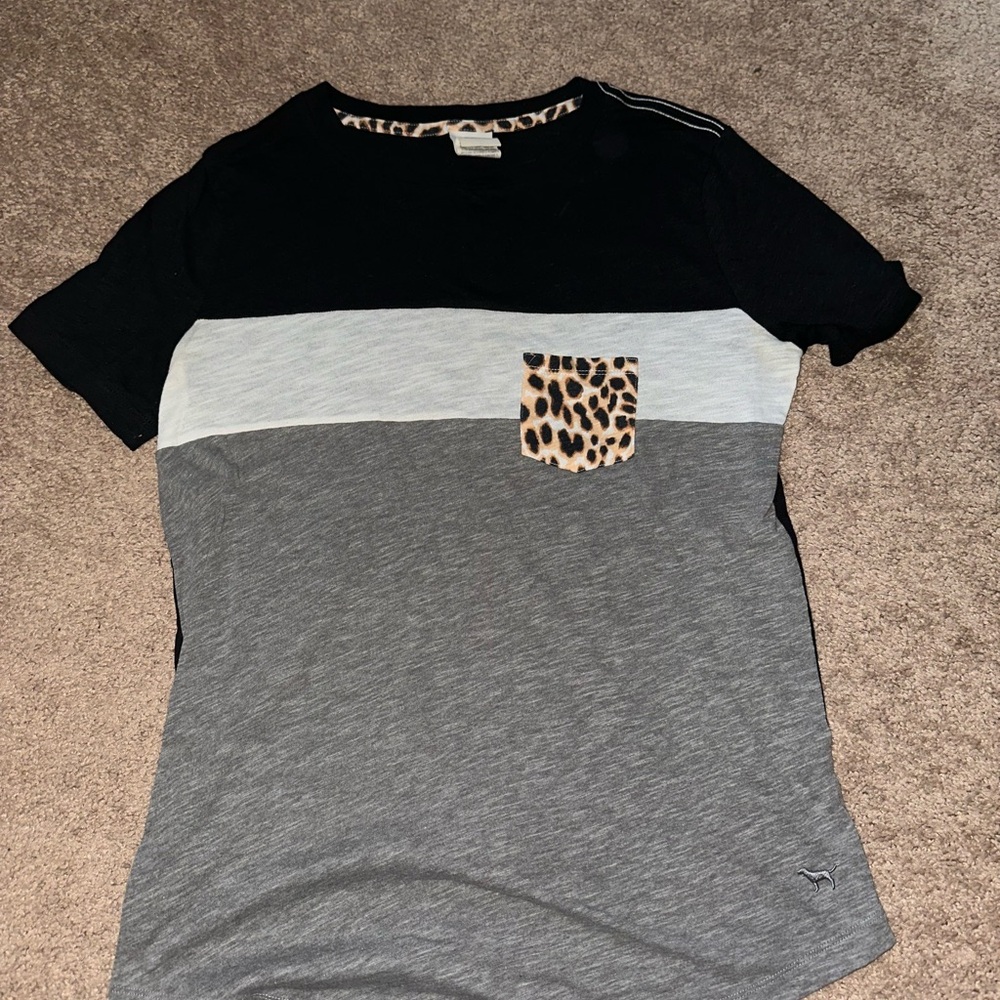 Victoria Secret Pink Black and Gray Colorblock T-Shirt with Leopard Pocket